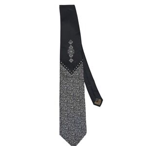 Steven Land Mens Silk Necktie Black Silver Geometric Mosaic Rhinestone Studd 4in